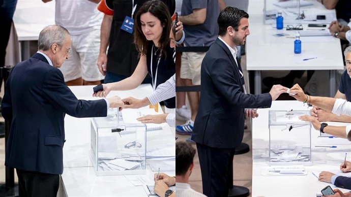 Los candidatos a la presidencia del Real Madrid, Florentino Pérez (izq) y Enrique Riquelme, votan en el pabellón de baloncesto de la Ciudad Real Madrid en Valdebebas.