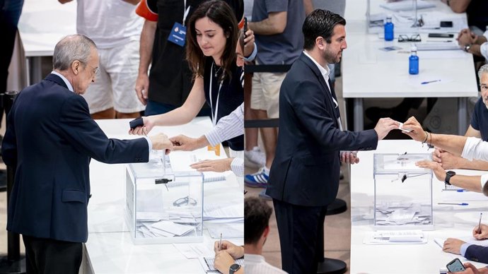 Os candidatos à presidência do Real Madrid, Florentino Pérez (à esquerda) e Enrique Riquelme, votam no ginásio de basquete da Cidade do Real Madrid, em Valdebebas.