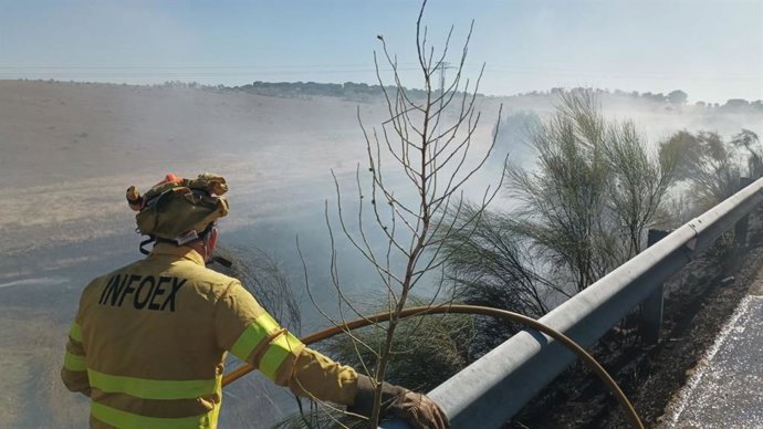 Archivo - Agente del Plan Infoex observa un incendio forestal en Extremadura