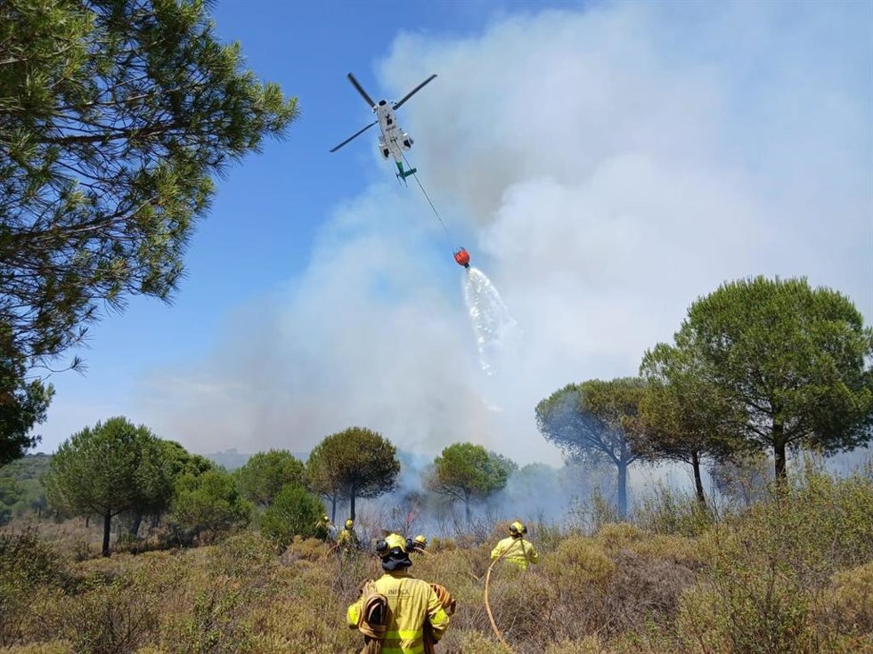 Efectivos del Plan Infoca trabajan en la extinción de un incendio en Lepe (Huelva).