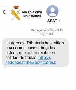 La Guardia Civil de Navarra alerta de una campaña de SMS fraudulentos que suplantan a la Agencia Tributaria.