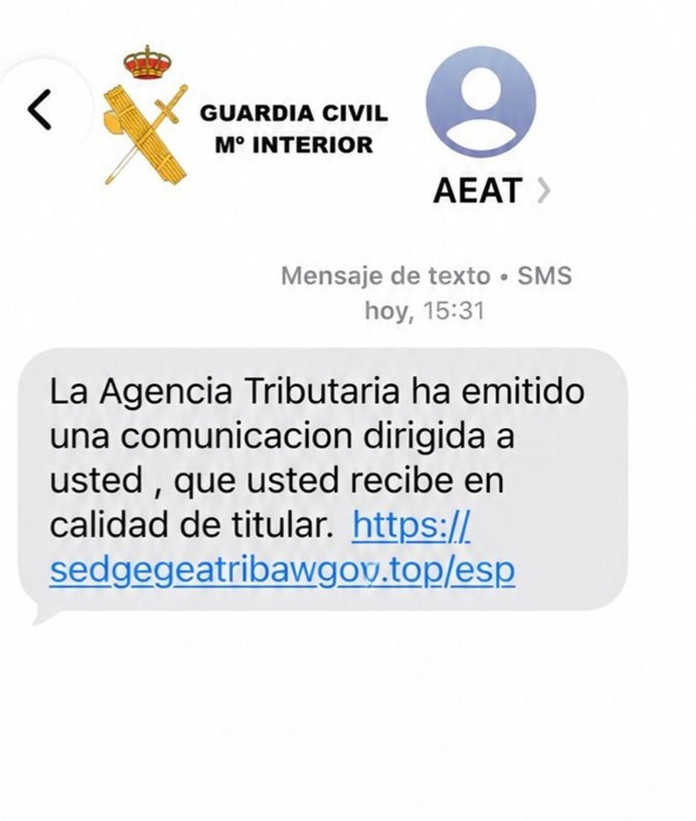La Guardia Civil de Navarra alerta de una campaña de SMS fraudulentos que suplantan a la Agencia Tributaria.