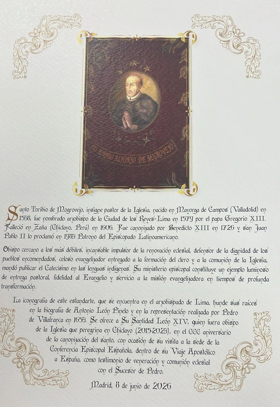 Nota que acompaña al retrato de Santo Toribio de Mogrovejo que ha regalado la Conferencia Episcopal a León XIV.