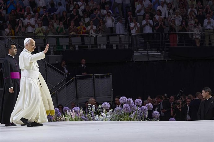 El Papa León XIV durante el encuentro 'Tejer redes con el mundo de la cultura, la educación, la empresa y el deporte', en el Movistar Arena, a 6 de junio de 2026, en Madrid (España). El encuentro titulado ‘Tejer redes con el mundo de la cultura, la educac