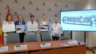 El delegado de Salud, Indalecio Sánchez-Montesinos; el director del hospital, Manuel Reyes; el director del Parque de las Ciencias, Alfonso Peres: el jefe del servicio de Pediatría del hospital, José Gómez: y la gerente de Fibao, Sarah Biel.