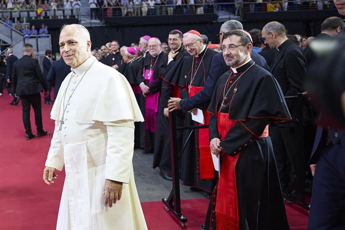 El Papa León XIV durante el encuentro 'Tejer redes con el mundo de la cultura, la educación, la empresa y el deporte', en el Movistar Arena, a 6 de junio de 2026, en Madrid (España). El encuentro titulado ‘Tejer redes con el mundo de la cultura, la educac