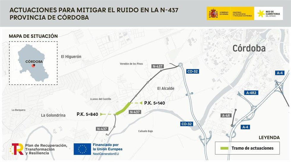 El Ministerio de Transportes y Movilidad Sostenible finaliza las obras para mitigar el ruido en la N-437 de acceso al aeropuerto de Córdoba, en el tramo comprendido entre los kilómetros 5,14 y 5,84, con una inversión de 3,2 millones de euros.