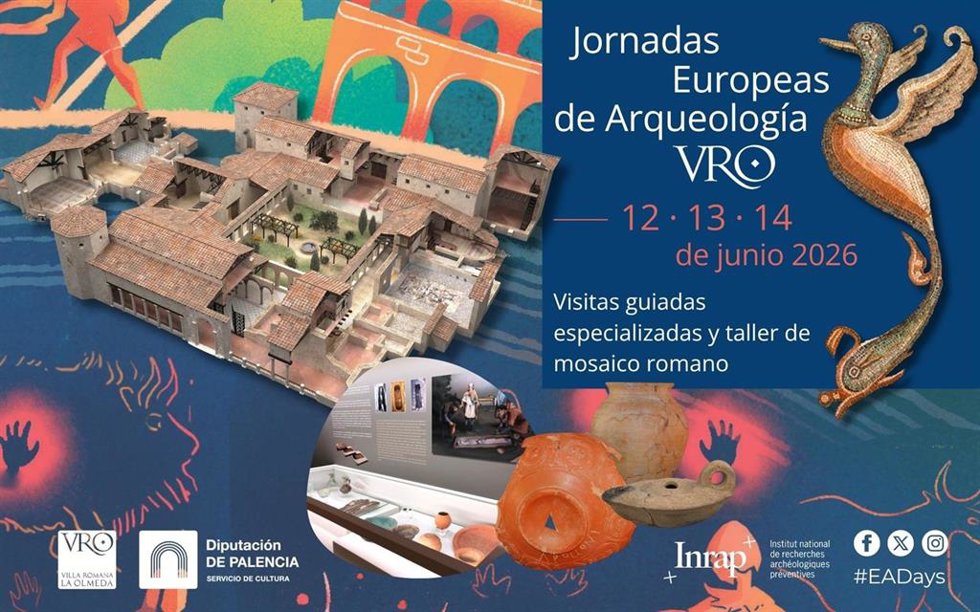 Cartel de los actos programados dentro de las Jornadas Europeas de Arqeuología en la Villa Romana de la Olmenda, en Palencia.