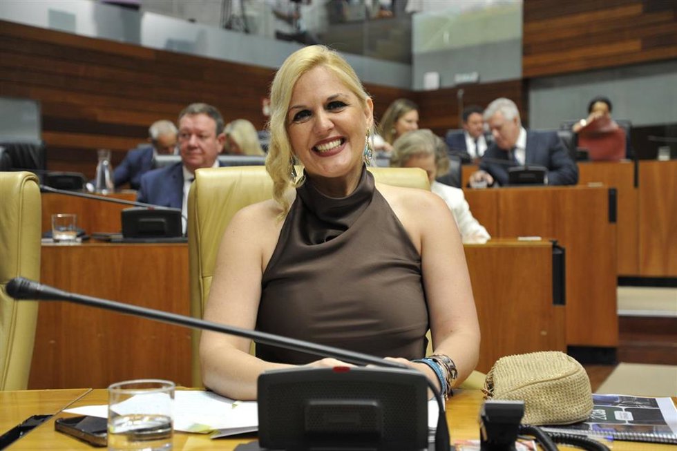 La consejera de Hacienda, Administración Pública y Diálogo Social, Elena Manzano, al inicio del pleno de totalidad del Presupuesto en la Asamblea.
