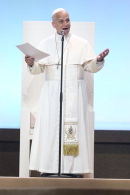 El Papa León XVI durante un encuentro con los voluntarios, en Ifema Madrid, a 9 de junio de 2026, en Madrid (España). En este acto se ha producido el saludo y encuentro del Santo Padre con los voluntarios que han trabajado en los distintos actos de la vis