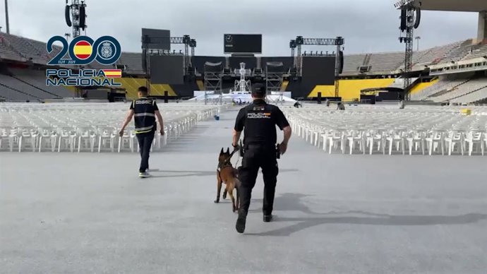 Efectivos de la Policía Nacional revisan con perros de la canina el Estadi Olímpic