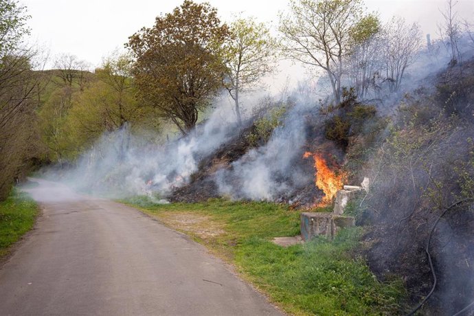 Archivo - Vista del incendio activo en la Sierra de Aramo, a 7 de marzo de 2026, en Proaza, Asturias (España).
