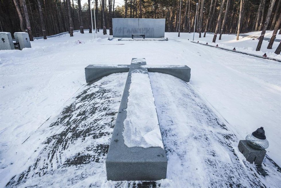 Archivo - Los símbolos nazis pintados siguen visibles tras la limpieza de una lápida conmemorativa en el cementerio de Bykivnia, donde fueron enterrados muchos polacos víctimas de la masacre de Katyn, cerca de Kiev.