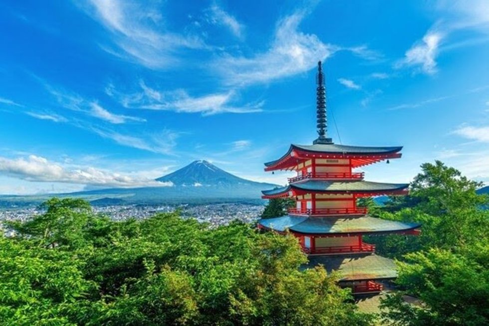 Chureito pagoda and Fuji mountain in summer, Japan.