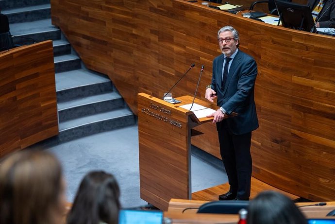 El diputado de Vox Asturias Javier Jové durante la defensa de su iniciativa este miércoles en la Junta General del Principado.