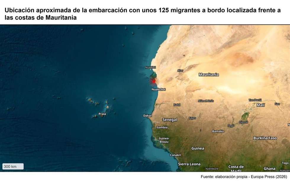 Archivo - Ubicación aproximada de la embarcación con unos 125 migrantes a bordo localizada frente a las costas de Mauritania