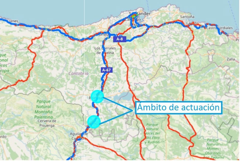 Archivo - Mapa de actuación de las obras de rehabilitación del firme de un tramo de la autovía A-67 en Cantabria.