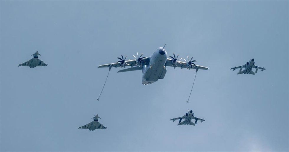 06 June 2026, Mecklenburg-Western Pomerania, Laage: Eurofighters, Tornados, and an Air Force Airbus A400M fly over Laage Air Base, home to Tactical Air Force Wing 73 "Steinhoff," during Bundeswehr Day. Photo: Stefan Sauer/dpa
