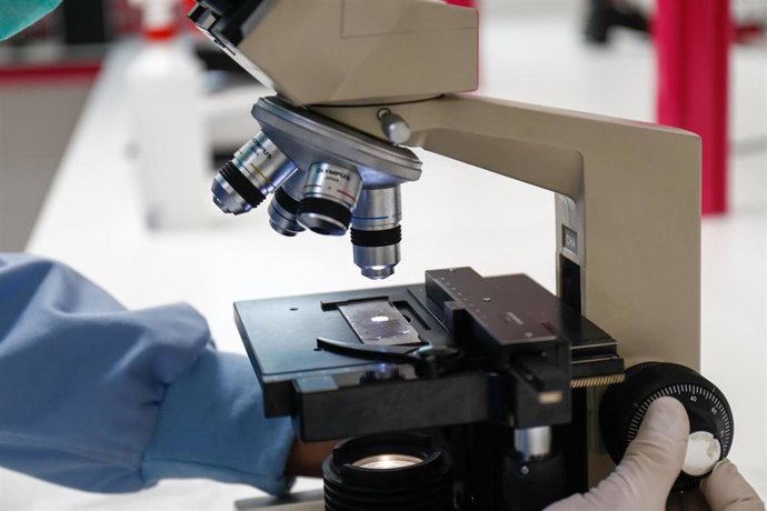 Archivo - Un hombre trabaja mirando por un microscopio.