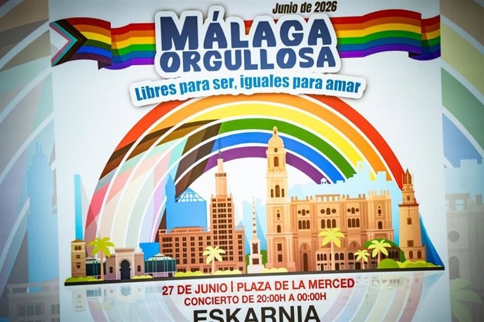 Cartel para conmemorar el Día Internacional del Orgullo bajoe el lema ‘Málaga orgullosa. Libres para ser, iguales para amar’