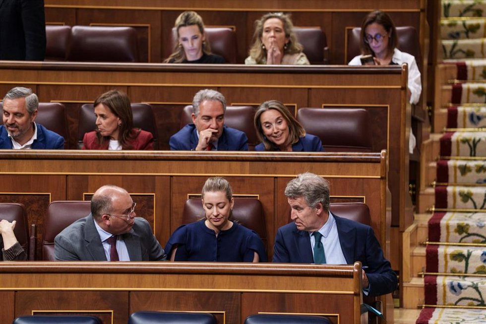 Archivo - El presidente del PP, Alberto Núñez Feijóo (1d) y el secretario general del Partido Popular, Miguel Tellado (1i), conversan durante una sesión plenaria en el Congreso