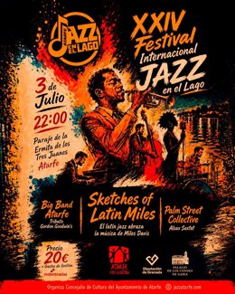 Cartel de la 24edición del Festival Internacional Jazz en el Lago de Atarfe que se celebrará el próximo 3 de julio en el recinto próximo a la ermita de los Tres Juanes. Antes, este viernes 12 de junio, habrá una velada previa en la plaza del Ayuntamiento.