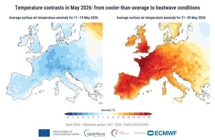 Anomalía de la temperatura media diaria del aire en superficie para (izquierda) el 11-19 de mayo de 2026 y (derecha) el 21-30 de mayo de 2026 en relación con la media correspondiente al periodo 1991-2020. Fuente de datos: ERA5.