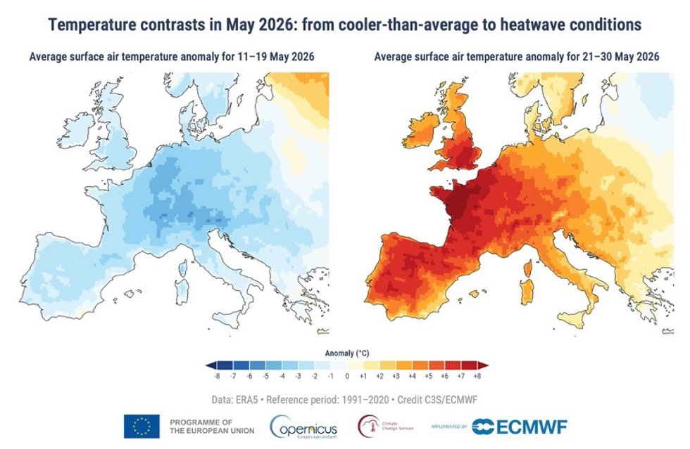 Anomalía de la temperatura media diaria del aire en superficie para (izquierda) el 11-19 de mayo de 2026 y (derecha) el 21-30 de mayo de 2026 en relación con la media correspondiente al periodo 1991-2020. Fuente de datos: ERA5.