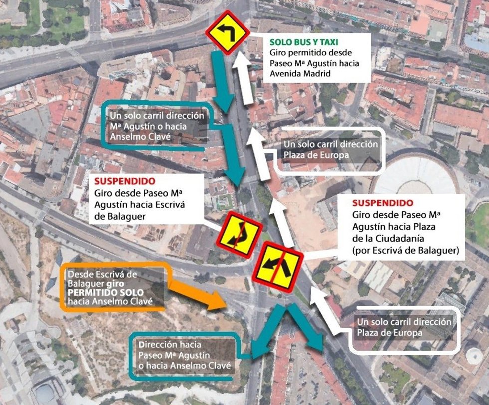 Plano de las obras de ZAV en El Portillo que obligarán a modificar el tráfico en el paseo María Agustín con la calle Escrivá de Balaguer