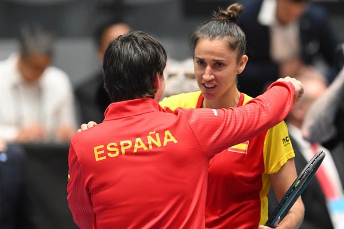 April 11, 2025, Ostrava, Czech Republic: Sara Sorribes Tormo (R) with coach Carla Suarez of Spain celebrates after winning game during the tennis qualification match of Billie Jean King Cup between Spain and Brazil at Torax Arena in Ostrava, Czech Republi
