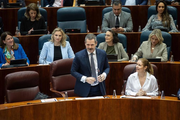 Archivo - El consejero de Cultura, Turismo y Deporte, Mariano de Paco, interviene durante un pleno en la Asamblea de Madrid, a 24 de abril de 2025, en Madrid (España).