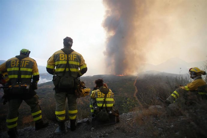 Archivo - Varios bomberos observan el incendio forestal, a 24 de agosto de 2025, en La Baña, Encinedo, La Cabrera, León, Castilla y León (España). La evolución del incendio forestal procedente de Porto (Zamora) ha sido “favorable” durante la noche, aunque