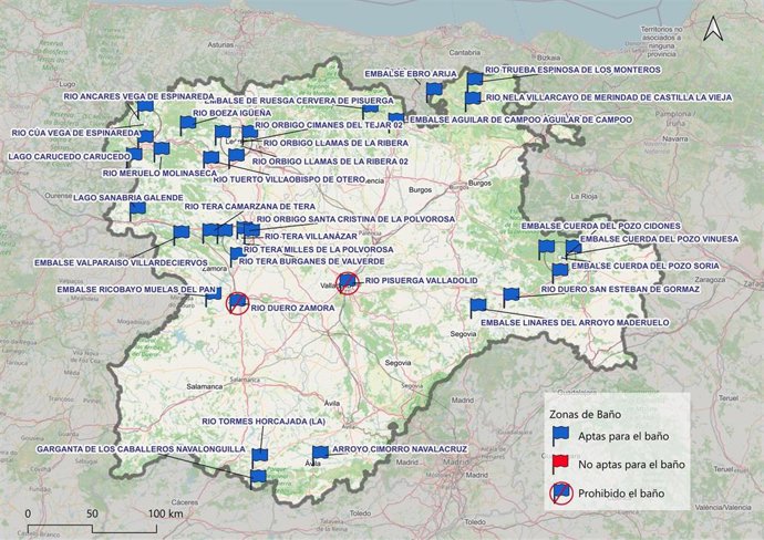 Mapa de zonas de baño aptas, no aptas y con baño prohibido en 2026.