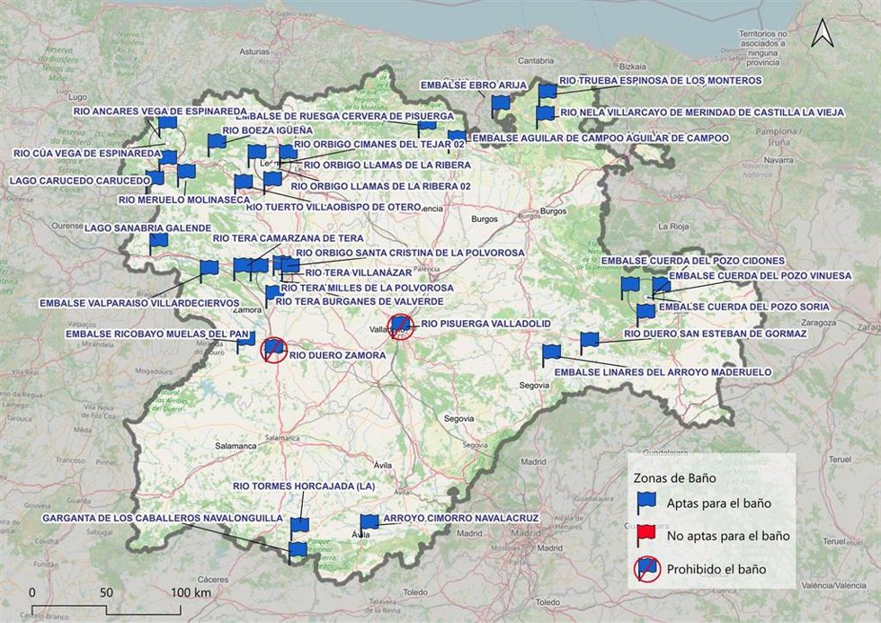 Mapa de zonas de baño aptas, no aptas y con baño prohibido en 2026.