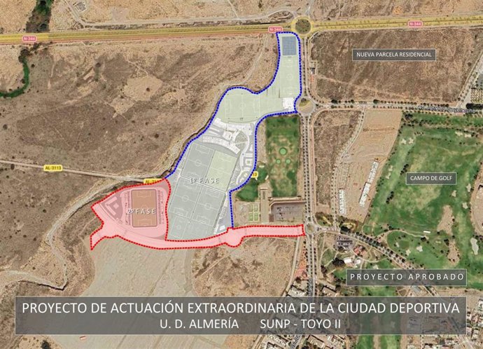 Plano del proyecto de actuación extraordinaria de la Ciudad Deportiva de la UD Almería en Sunp-Toyo II, con la delimitación de sus dos fases.