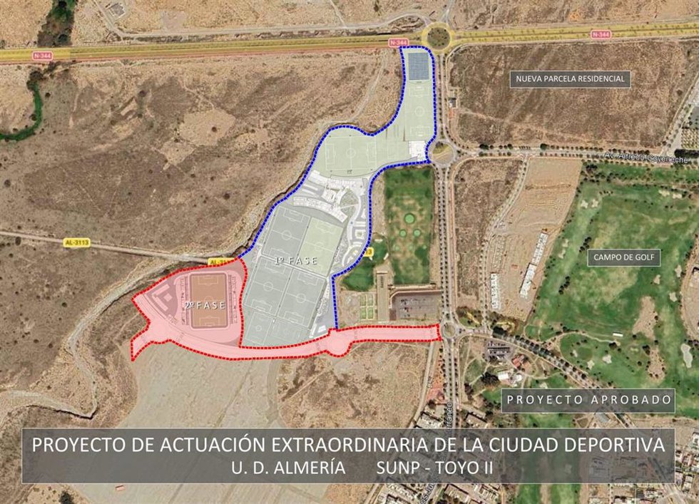 Plano del proyecto de actuación extraordinaria de la Ciudad Deportiva de la UD Almería en Sunp-Toyo II, con la delimitación de sus dos fases.