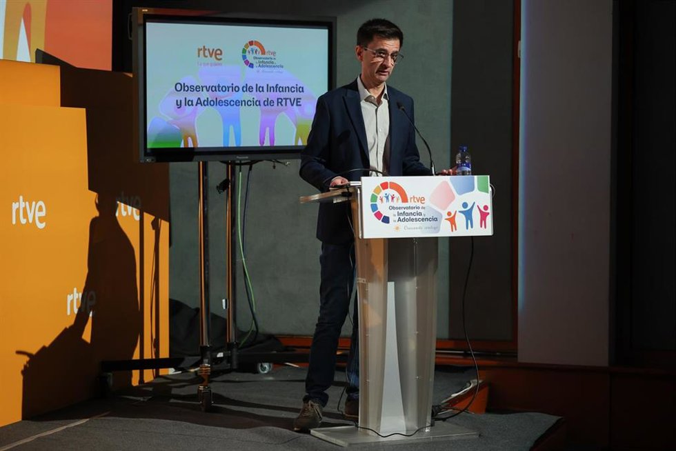 El presidente de la Corporación RTVE, José Pablo López, durante la celebración del acto de presentación del nuevo Observatorio de la Infancia y la Adolescencia de RTVE, a 12 de junio de 2026, en Madrid (España). El encuentro sirve para analizar el tratami