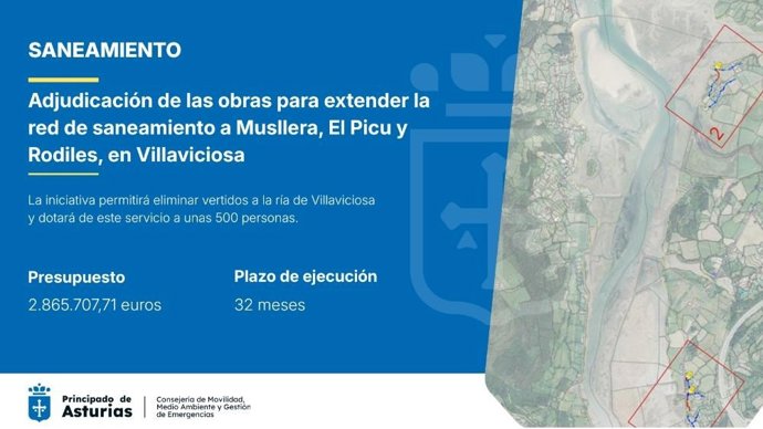 El Gobierno de Asturias invertirá 2,1 millones para eliminar vertidos a la ría de Villaviciosa y completar el saneamiento de Musllera, El Picu y Rodiles