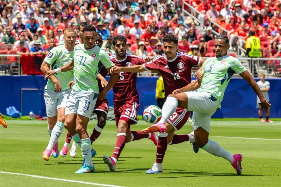 SANTA CLARA, CA - JUNE 13: Manuel Akanji #5 of Switzerland takes a shot on goal during the FIFA World Cup 2026 Group B match between Qatar and Switzerland on June 13, 2026 at San Francisco Bay Area Stadium in Santa Clara, CA.