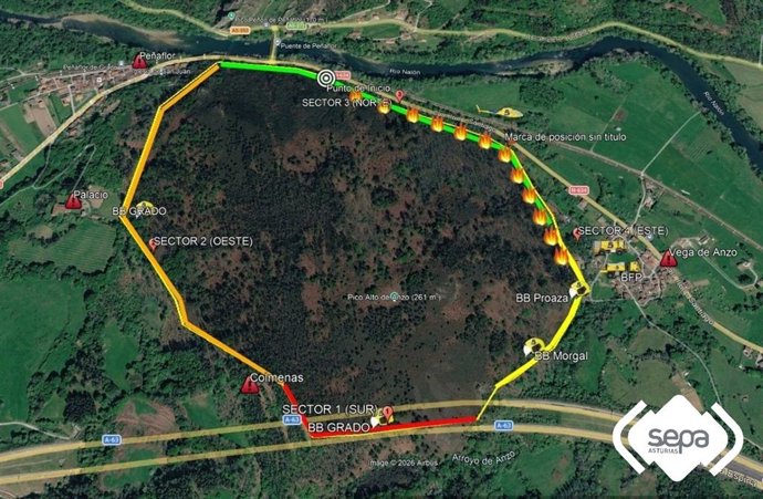 Incendio Forestal de Peñaflor y Vega de Anzo en Grado. Imagen informativa publicada por el 112 Asturias en X.