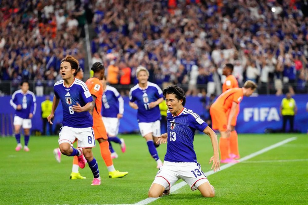 Keito Nakamura celebra su gol contra Países Bajos en el empate de Japón en Dallas en su debut en el  Mundial de fútbol de 2026.