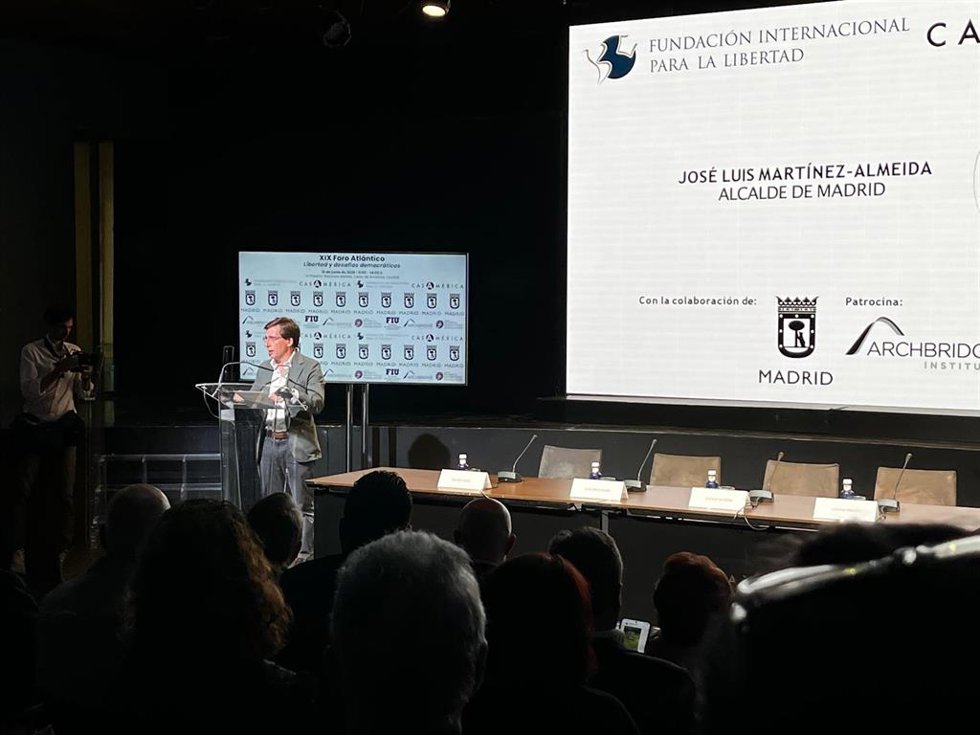 El alcalde de Madrid, José Luis Martínez-Almeida, en el XIX Foro Atlántico Libertad y desafíos democráticos, organizado por la Fundación Internacional para la Libertad