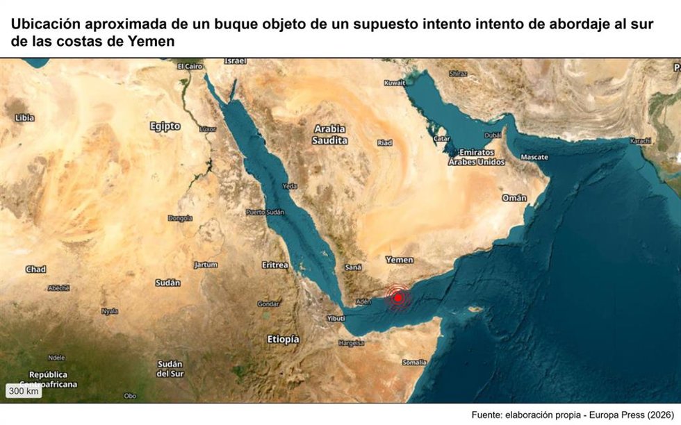 Archivo - Ubicación aproximada de un buque objeto de un supuesto intento intento de abordaje al sur de las costas de Yemen