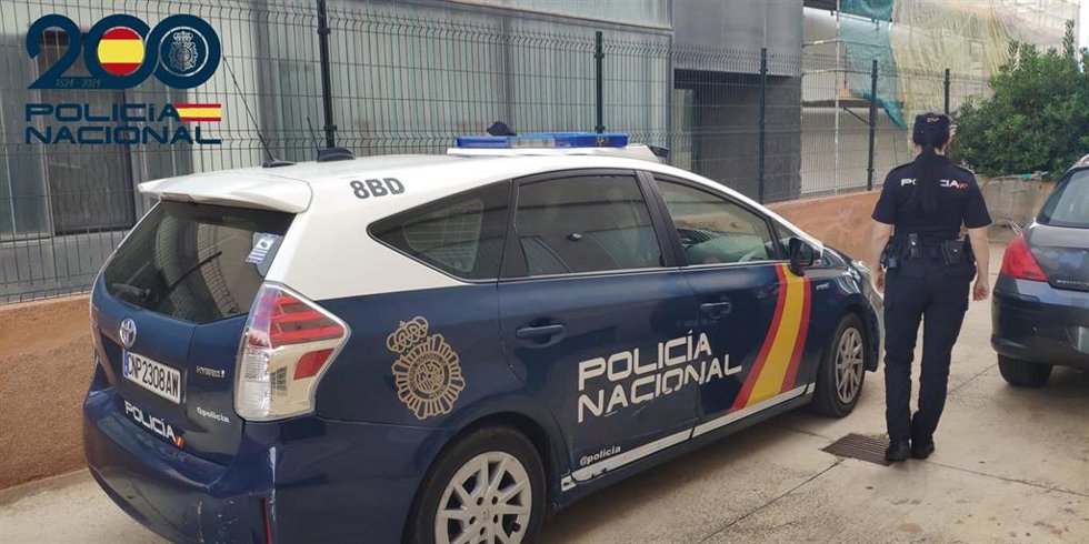 Un agente de la Policía Nacional, de espaldas junto a un coche patrulla.