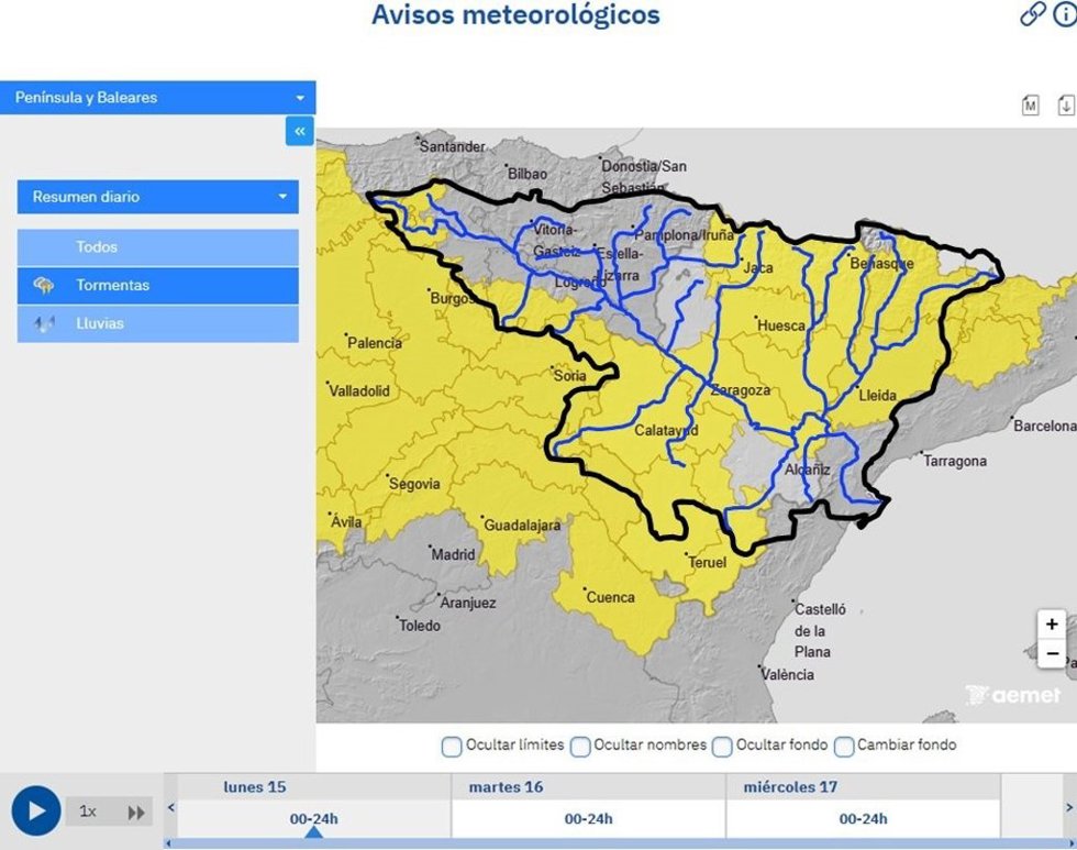 La CHE alerta de crecidas súbitas en cauces menores y barrancos en la Cuenca del Ebro por el riesgo de lluvias intensas