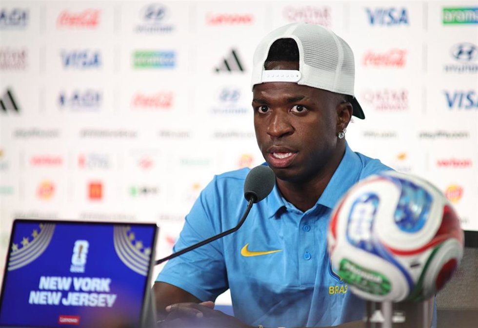 12 June 2026, US, East Rutherford: Brazil's Vinicius Junior attends a press conference at MetLife Stadium, ahead of Saturday's 2026 FIFA World Cup Group C soccer match against Morocco. Photo: Jess Stiles/ZUMA Press Wire/dpa
