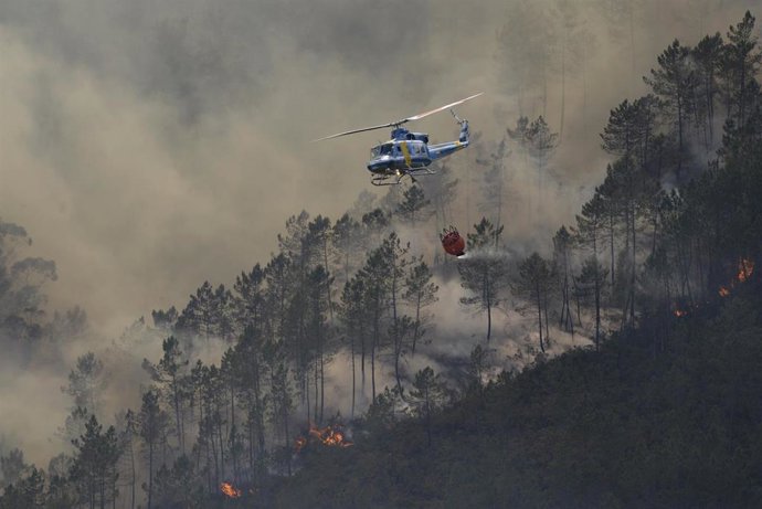 Labores de extinción de un incendio forestal, a 14 de junio de 2026, en Boborás, Ourense, Galicia.