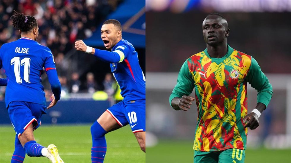 Los futbolistas Michael Olise y Kylian Mbappé (izquierda), en un partido de la selección de Francia; y Sadio Mané, durante un calentamiento con el combinado de Senegal.