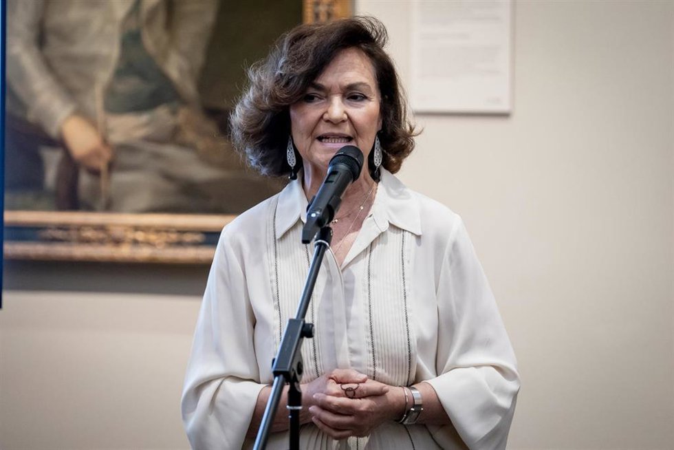 La presidenta del Consejo de Estado, Carmen Calvo, durante la presentación del itinerario del Museo del Prado para conmemorar el V Centenario del Consejo de Estado a través de la pintura