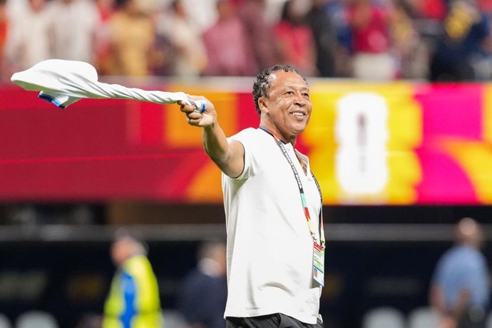 June 15, 2026, Atlanta, Georgia, United States: Bubista, head coach of Cabo Verde, celebrates during a FIFA Men's World Cup 2026 Group Stage football match between Spain and Cabo Verde at Atlanta Stadium, in Atlanta on June 15th 2026
